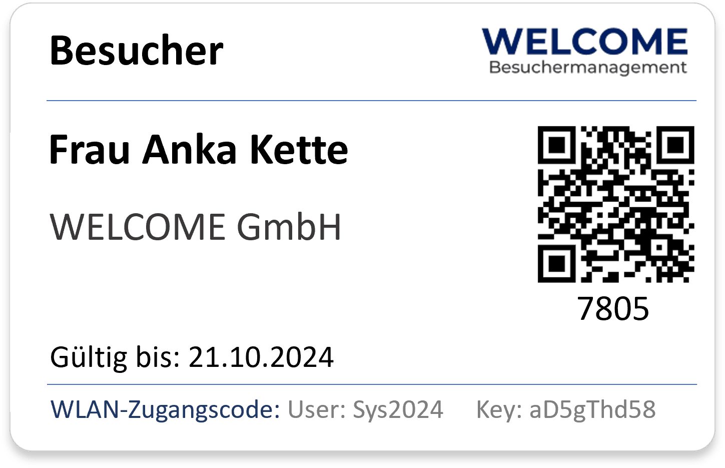 WELCOME Besucherausweis mit WLAN-Code